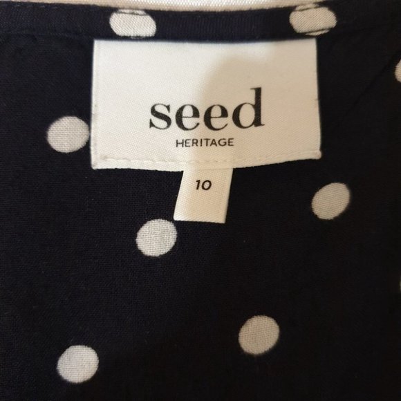 SEED HERITAGE AU-10 Dark Navy Blue/White Long Sleeve Top Polka Dot Ruffled Front - Picture 10 of 12